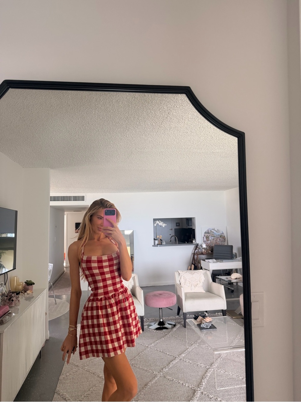 Meshki Red and White Gingham Halter Mini Dress